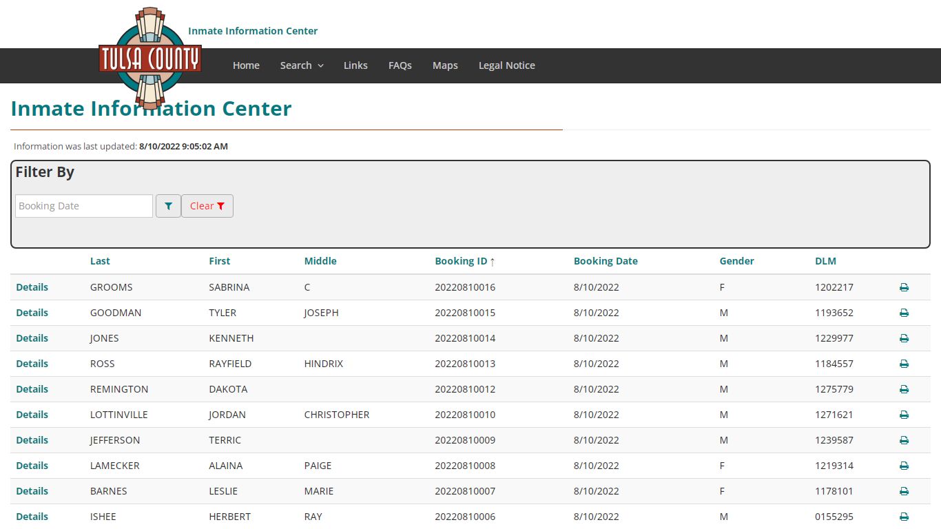 Booking Index - Inmate Information Center